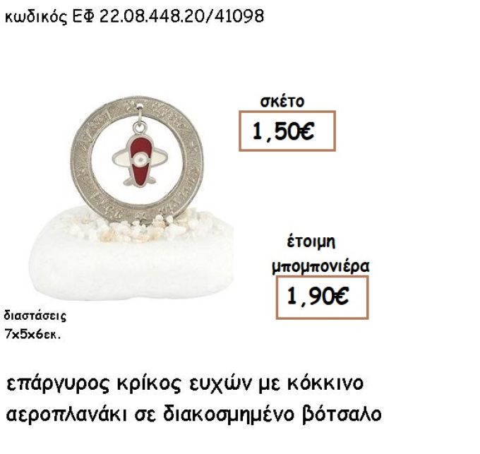 ΚΡΙΚΟΣ ΕΥΧΩΝ ΕΠΑΡΓΥΡΟΣ ΜΕ KOKKINO ΑΕΡΟΠΛΑΝΑΚΙ ΣΕ ΒΟΤΣΑΛΟ ΓΙΑ ΜΠΟΜΠΟΝΙΕΡΕΣ ΒΑΠΤΙΣΗΣ ΕΦ 22.08.448.20A/41098