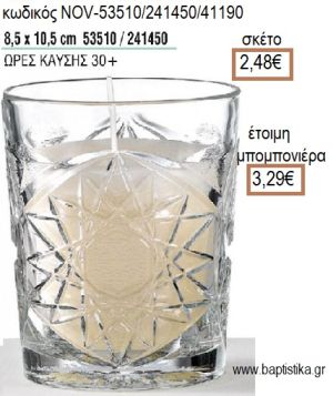 ΚΕΡΙ ΣΕ ΓΥΑΛΙΝΟ ΠΟΤΗΡΙ ΜΕ ΣΧΕΔΙΟ για μπομπονιέρες - δώρα πάρτυ - εορτών - γέννησης - γούρια - φτιάξτο μόνος σου NOV-53510/241450/41190 2.48€!!!