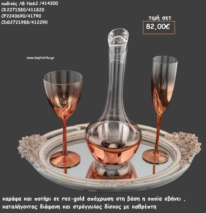 ΣΕΤ ΓΑΜΟΥ ΚΑΡΑΦΑ , ΠΟΤΗΡΙ ΡΟΖ ΧΡΥΣΟ ΚΑΙ ΔΙΣΚΟΣ ΣΤΡΟΓΓΥΛΟΣ ΜΕ ΑΝΘΑΚΙΑ ΛΒ Νο62/414300 82,00€!!!