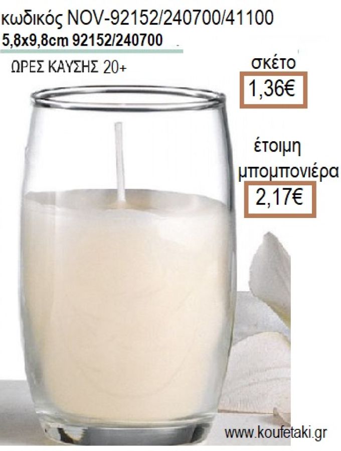 ΚΕΡΙ ΣΕ ΓΥΑΛΙΝΟ ΠΟΤΗΡΙ ΨΗΛΟ 5,8x9,8ΕΚ για μπομπονιέρες - δώρα πάρτυ - εορτών - γέννησης - γούρια - φτιάξτο μόνος σου NOV-92152/240700/41100 1.36€!!!