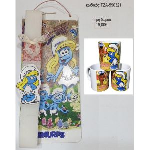 στρουμφίτα λαμπάδα σε ξύλινη πλάτη και κούπα σετ δώρου τζα 590321