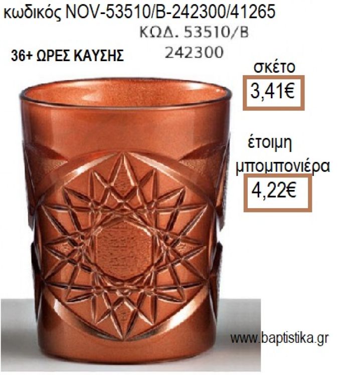 ΚΕΡΙ ΣΕ ΓΥΑΛΙΝΟ ΠΟΤΗΡΙ ΜΕ ΣΧΕΔΙΟ ΧΡΩΜΑ ΜΠΡΟΝΖΕ για μπομπονιέρες - δώρα πάρτυ - εορτών - γέννησης - γούρια - φτιάξτο μόνος σου NOV-53510/Β-242300/41265 3.41€!!!