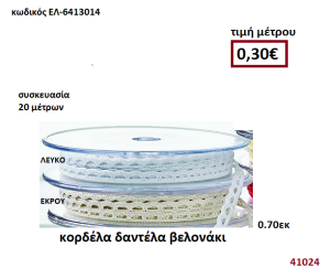 ΚΟΡΔΕΛΑ ΔΑΝΤΕΛΑ ΒΕΛΟΝΑΚΙ 2 μέτρων 0,70εκ. για μπομπονιέρες-αμπαλάζ ΕΛ-6413014