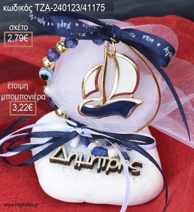 ΚΑΡΑΒΙ ΜΕ ΜΠΛΕ ΣΜΑΛΤΟ ΣΕ ΚΥΚΛΟ ΑΠΟ ΧΑΝΤΡΕΣ ΚΑΙ ΞΥΛΙΝΟ ΟΝΟΜΑ ΠΑΝΩ ΣΕ ΠΕΤΡΑ για μπομπονιέρες ΤΖΑ-240123/41175 3.22€!!!