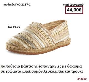 ΠΑΠΟΥΤΣΙΑ ΒΑΠΤΙΣΗΣ ΕΣΠΑΝΤΡΙΓΙΕΣ ΜΕ ΥΦΑΣΜΑ ΣΕ ΧΡΩΜΑ ΕΚΡΟΥ,ΣΟΜΟΝ,ΛΕΥΚΟ,ΜΠΛΕ ΚΑΙ ΤΡΟΥΚΣ GORGINO ΔΕΡΜΑΤΙΝΑ-ΑΝΑΤΟΜΙΚΑ ΓΚΟ 2187-1